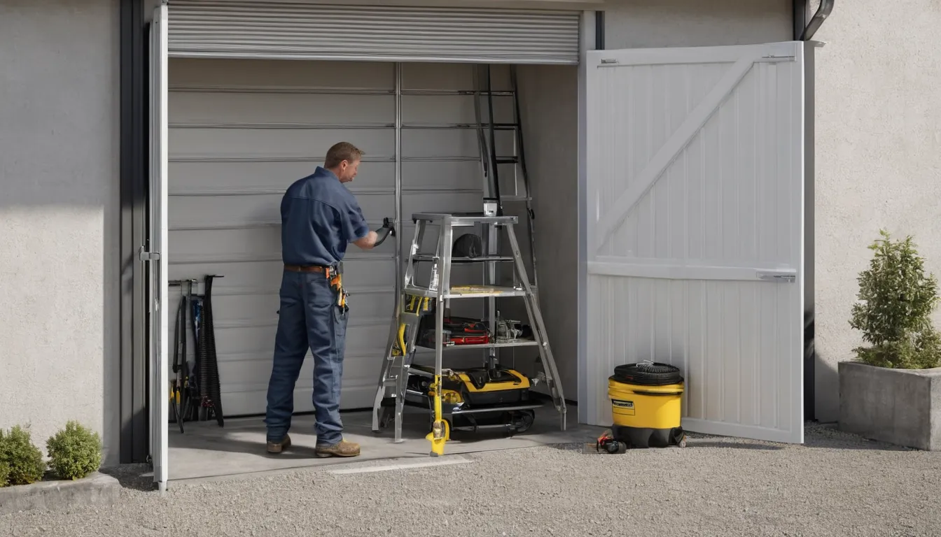 A local garage door provider inspecting a torsion spring above a residential garage door near Painesville